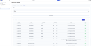 Audit logs tab tracking all administrative actions with action type, target user, performed by, details and status columns. Filter by type, export logs, view account reactivations, deactivations and config changes