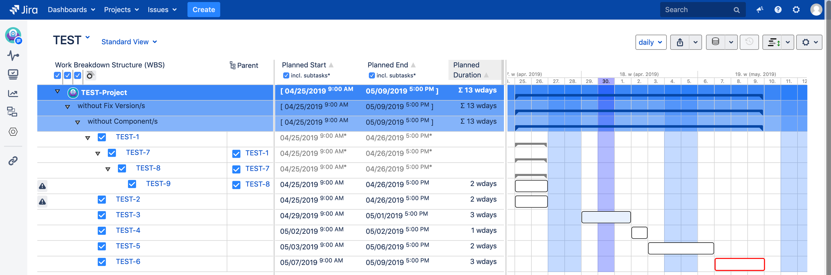 Gantt-Charts with unlimited hierarchy of issues. An initial Gantt-Chart will be calculated based on the provided issues' data out-of-the-box without the necessity of additional user interactions.