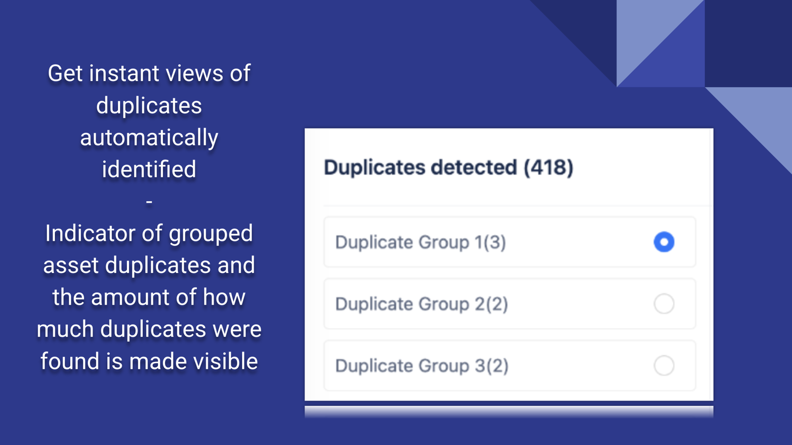 Asset Duplicate by groups and amount identified