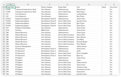 The exported CSV contains all role assignment data — including project key, category, role, user name, email, and active status — ready for use in Excel or any reporting tool.