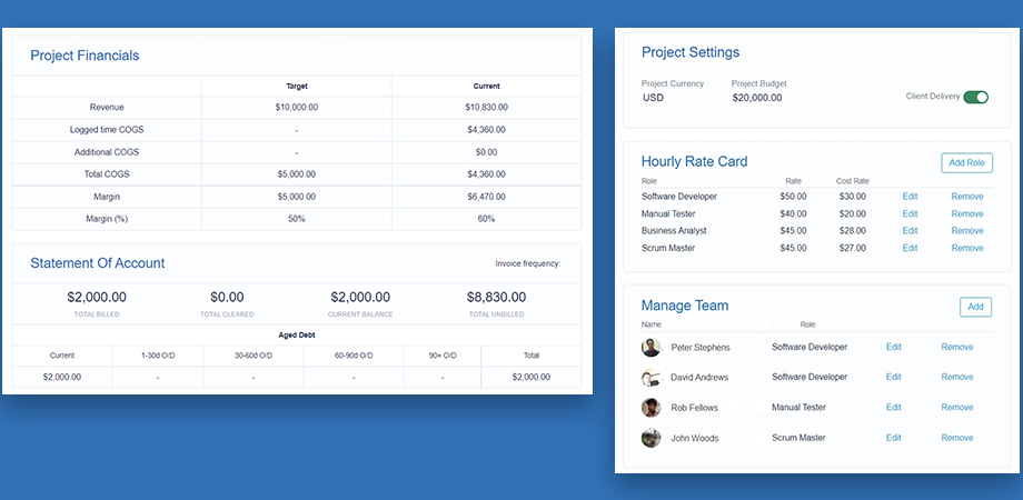 If building software for yourself manage cost inputs to track costs in real time against budget. If building software for others, track revenue and margin information in the Client Mode and set access according to roles