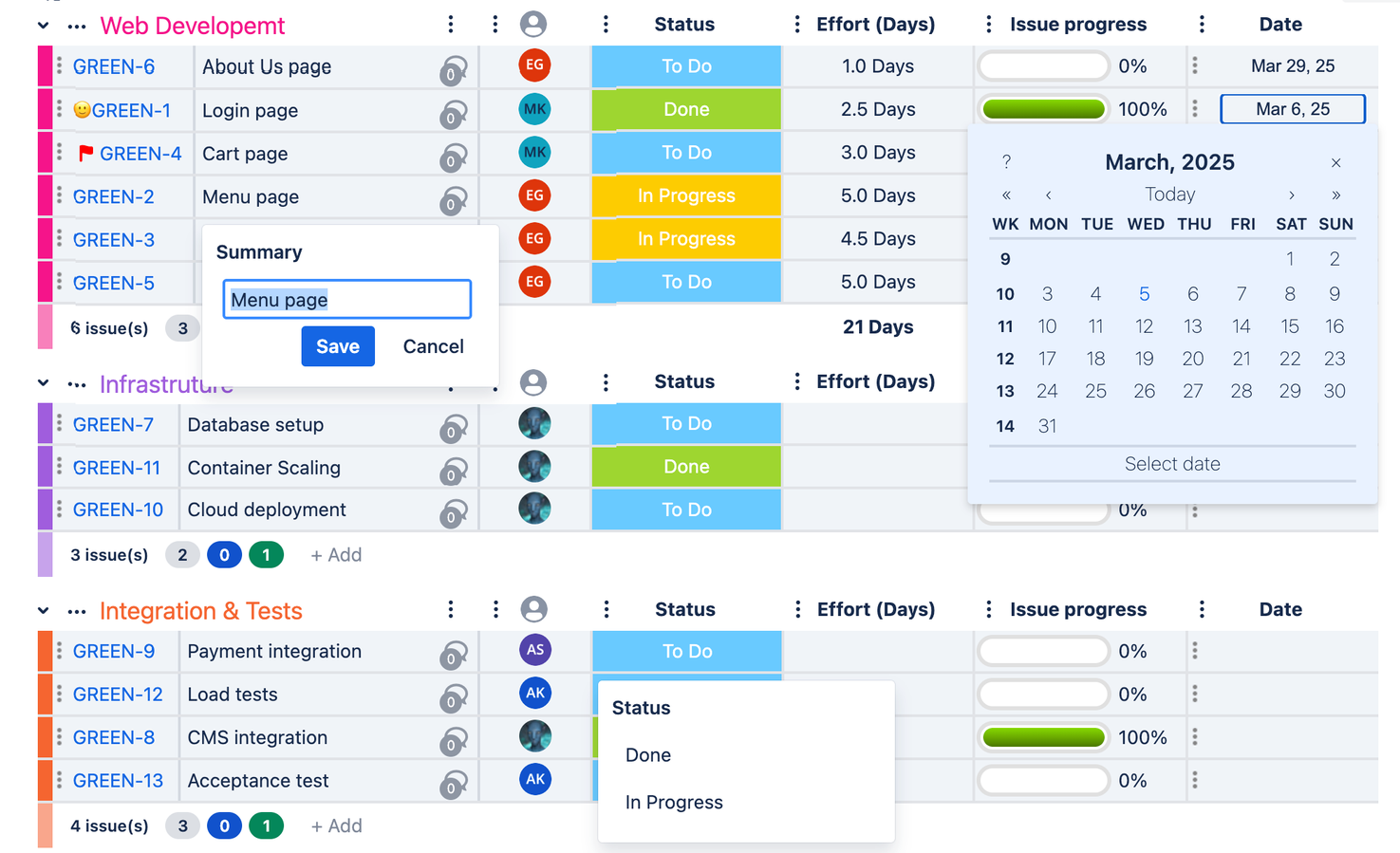 Fill and update any work item field in place, without having to leave the page and walk through complicated cluttered forms.
Filter, sort, collapse and expand items to quickly adjust the view for your focus of interest.