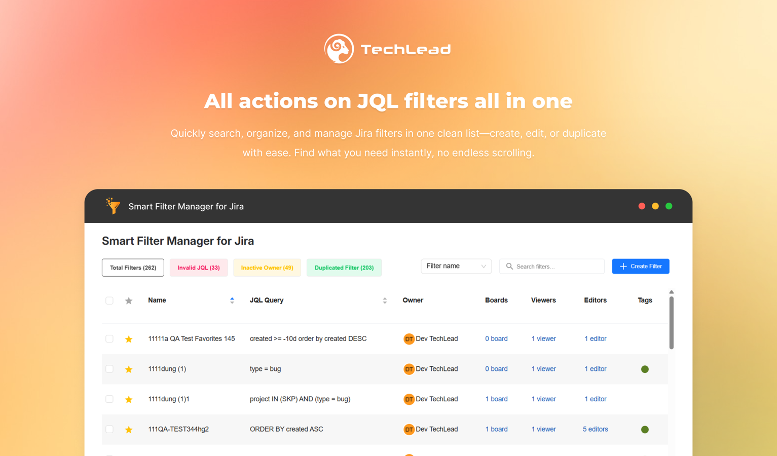 All actions on JQL filters all in one