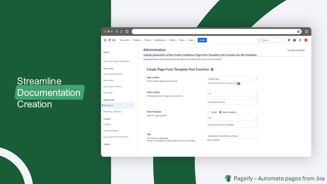 Screenshot of Jira's 'Create Page from Template' setup in the JCE app, showing form fields for selecting Confluence space, template, and title for automated page creation