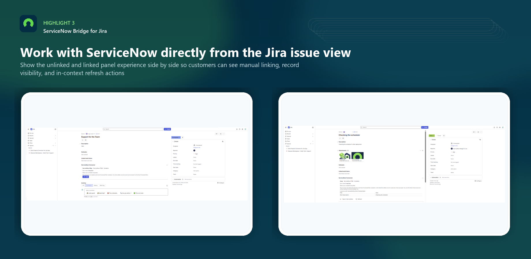 The issue panel shows linked record details, sync status, and direct actions such as Open in ServiceNow and Refresh