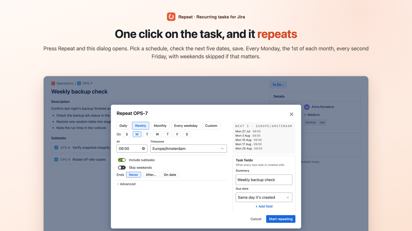 The Repeat dialog opened from task OPS-7: schedule on the left, the next five dates and task fields on the right.