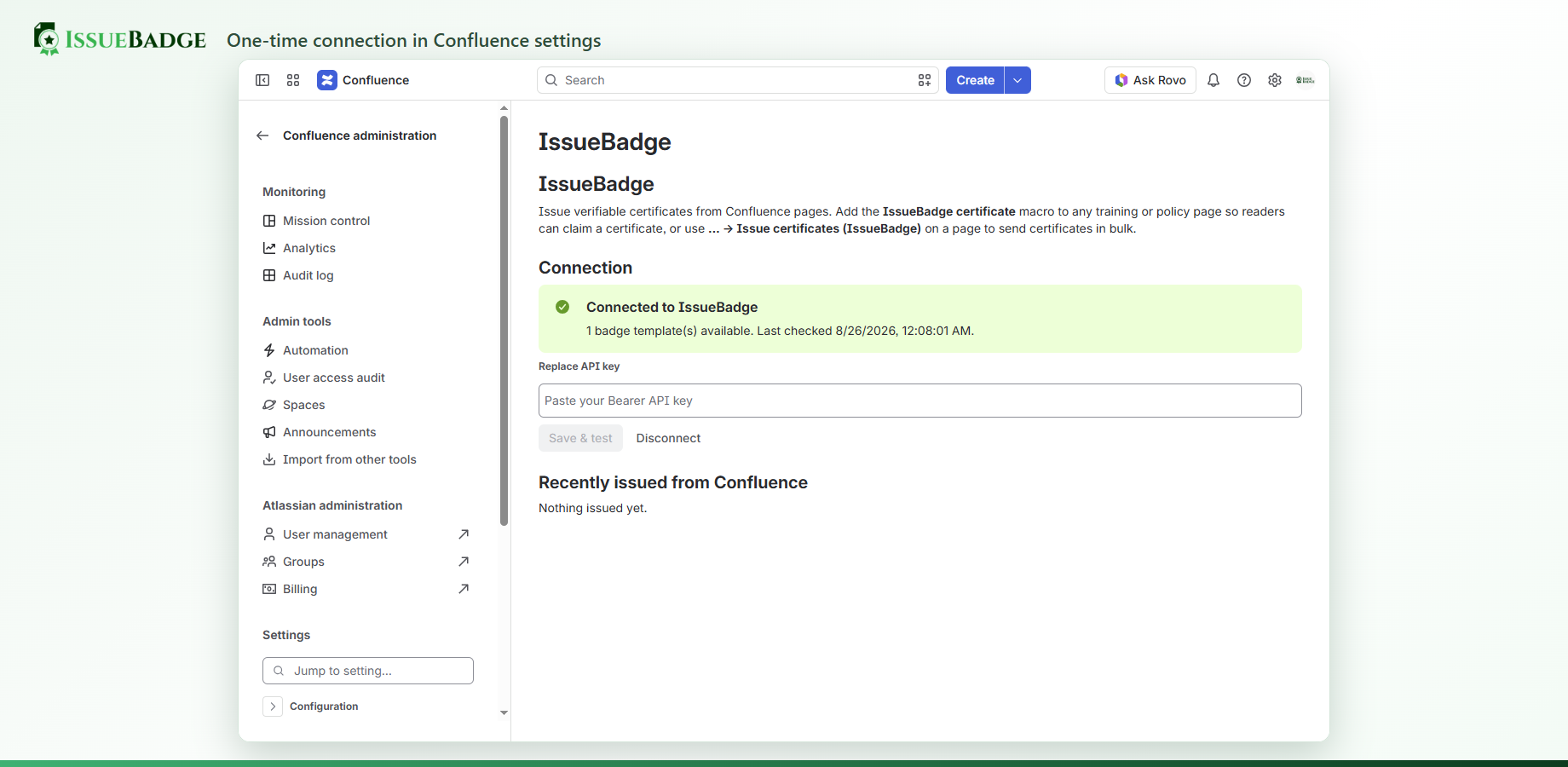 Admin settings: connection status, template count and the issue log.