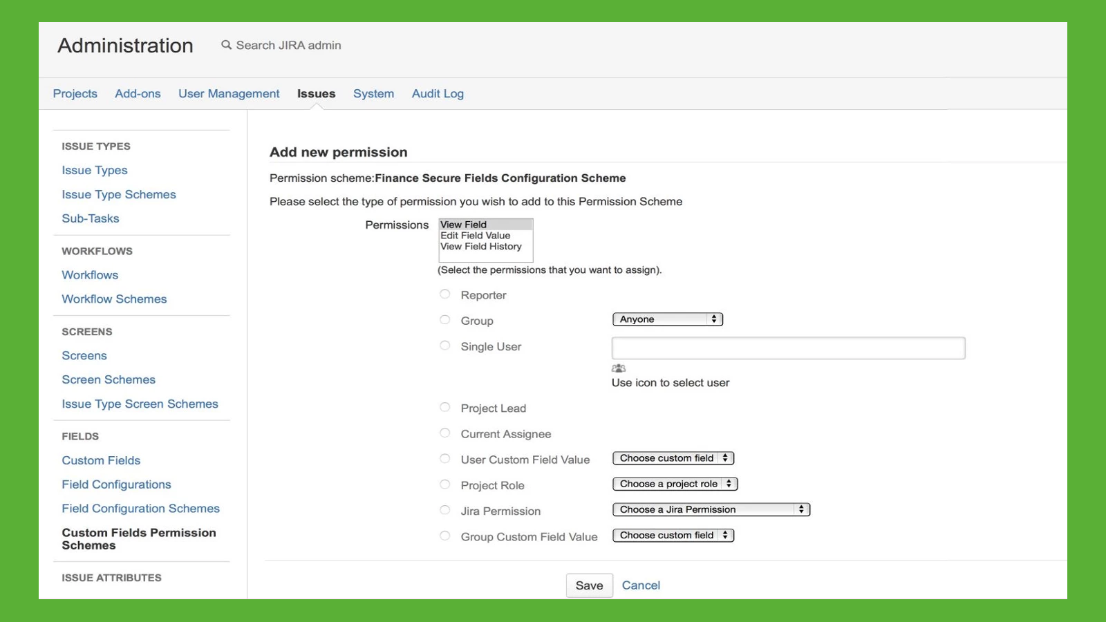 Define your custom field permission schemes and link them to fields.