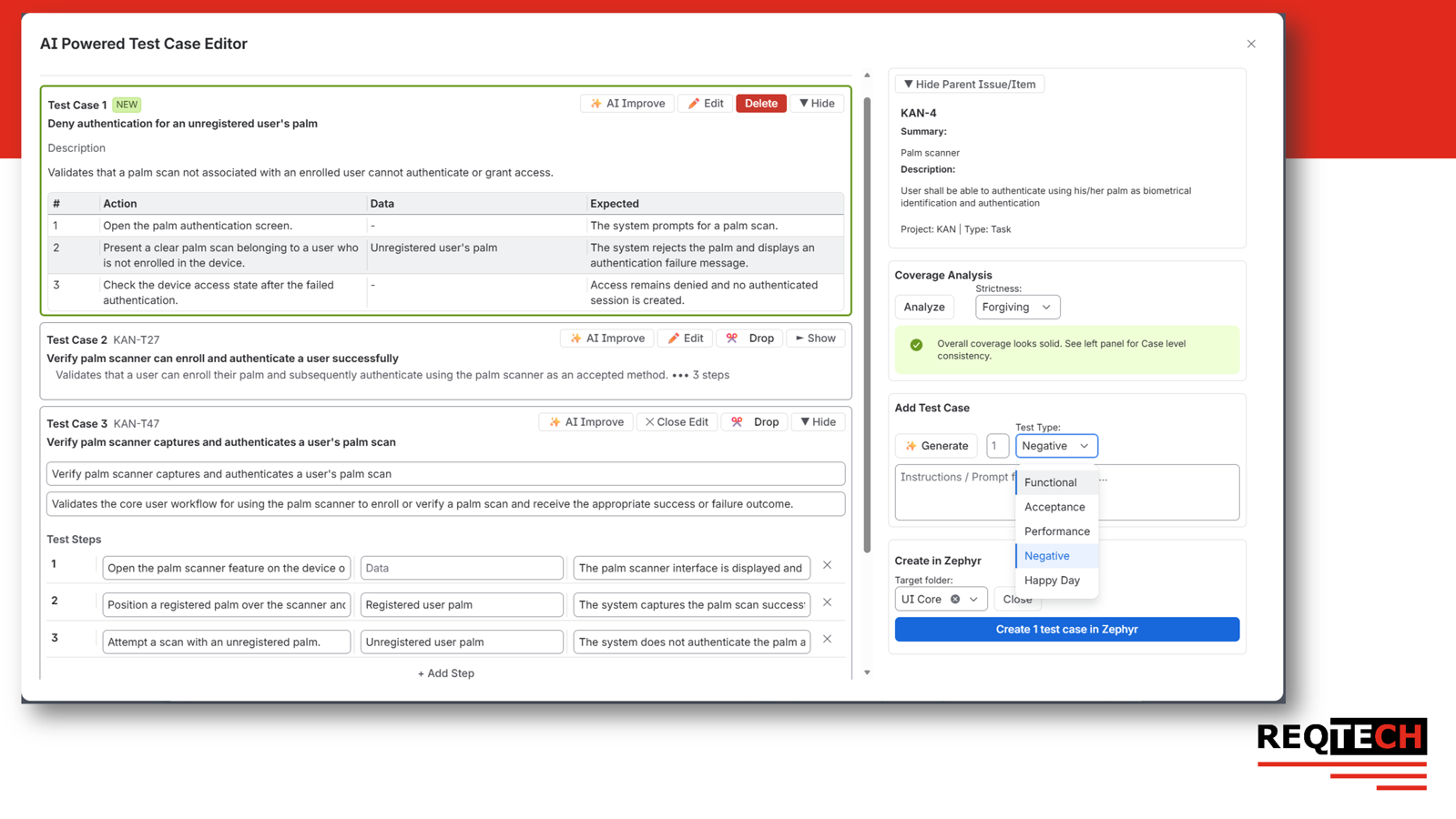 Review, refine, and regenerate AI-generated test cases with added context to improve coverage before confidently sending them to Zephyr.