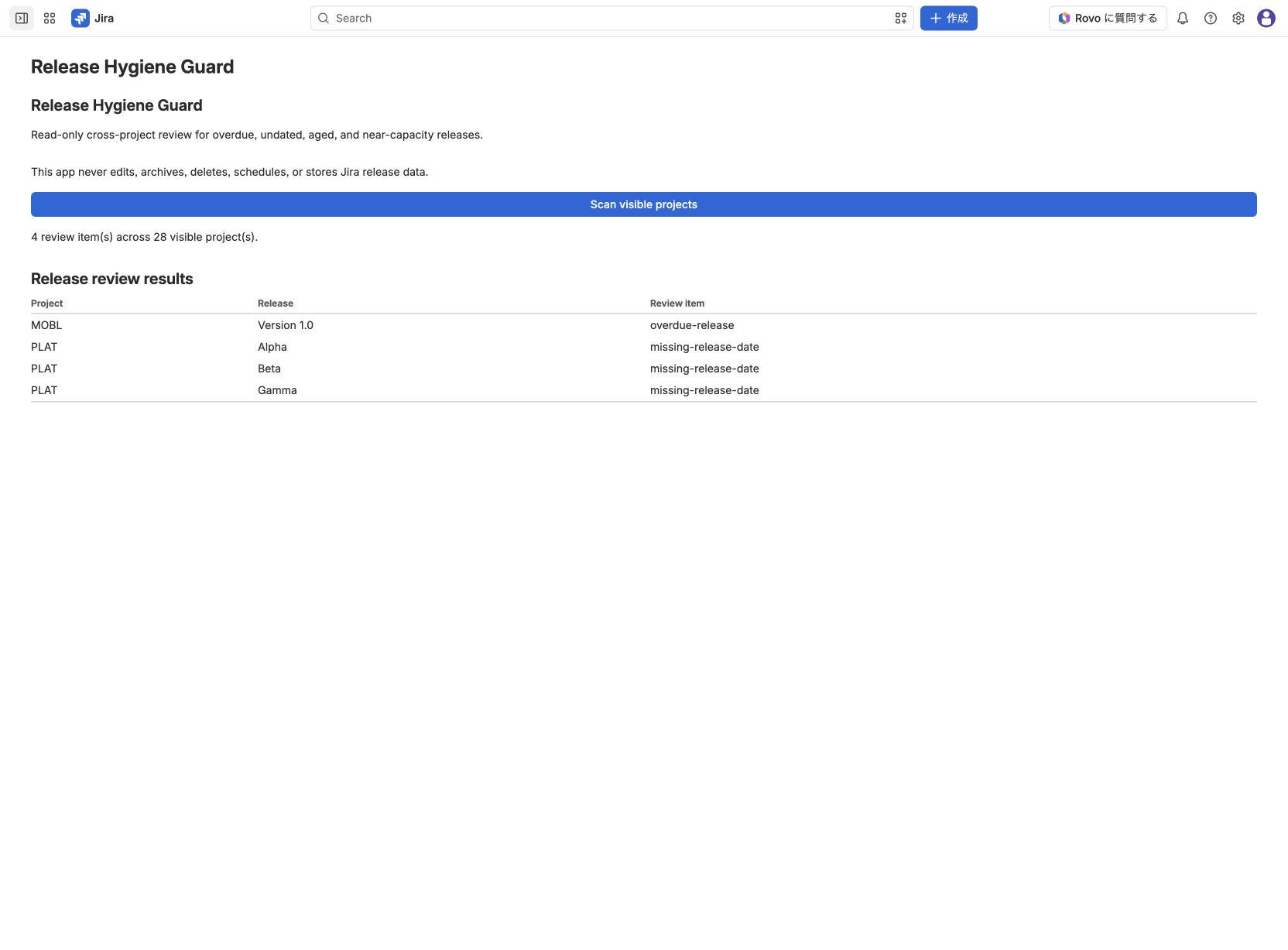 Actual overdue-release and missing-release-date findings in the read-only review queue.