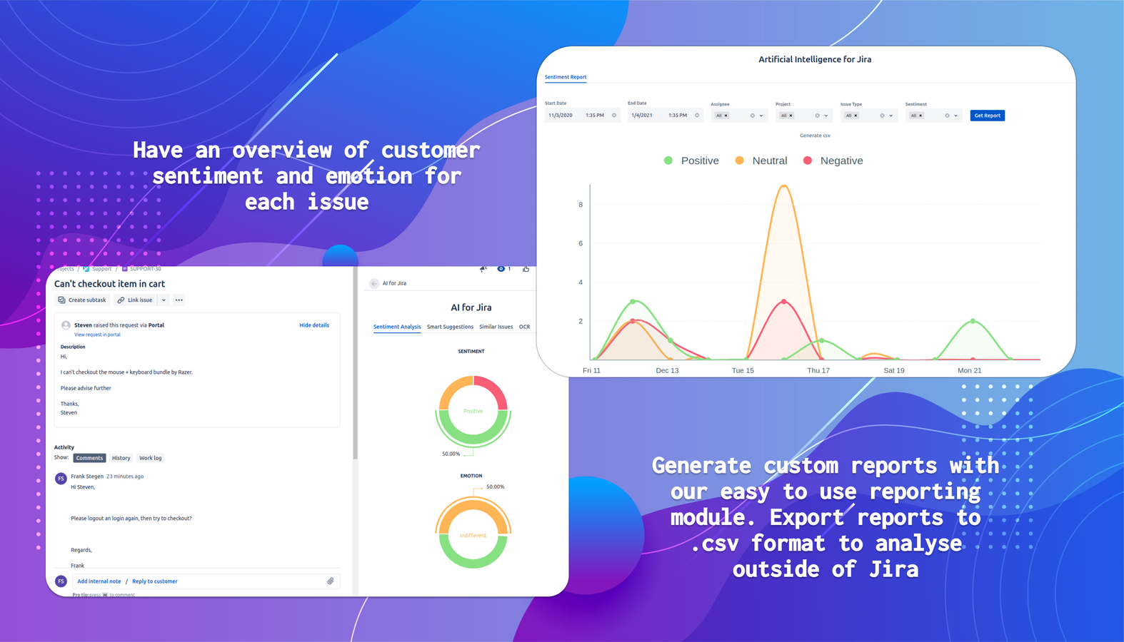 A graph is displayed on the right of the issue view which shows the distribution of your customer's sentiment and emotion. A reporting view is available on the project panel allowing users to create and extract reports