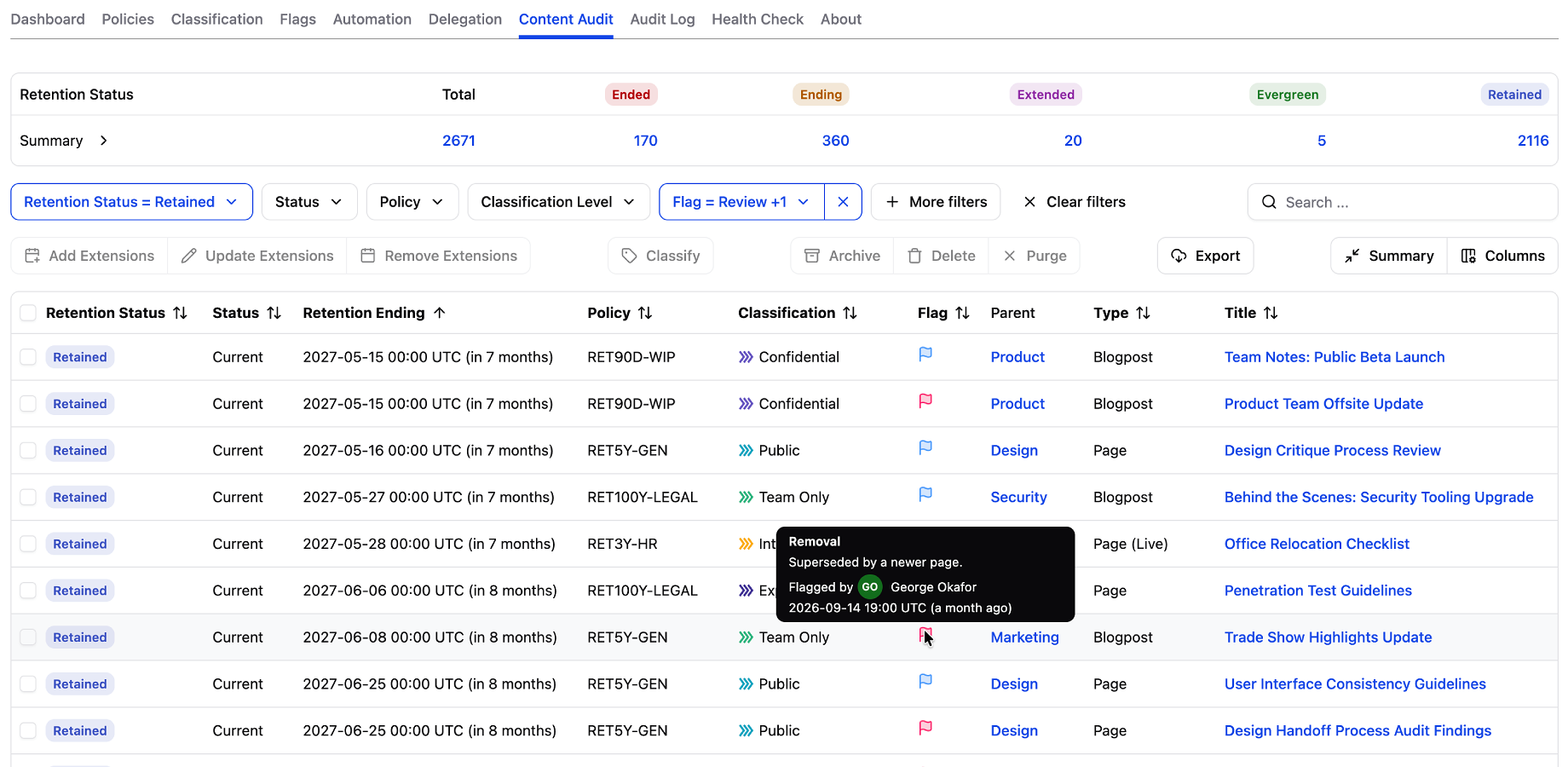 Content owners, retention managers, and admins can review content including specifically flagged items.