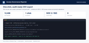 One-click, audit-ready CSV export for SOC 2 / ISO access reviews. Nothing leaves your site.
