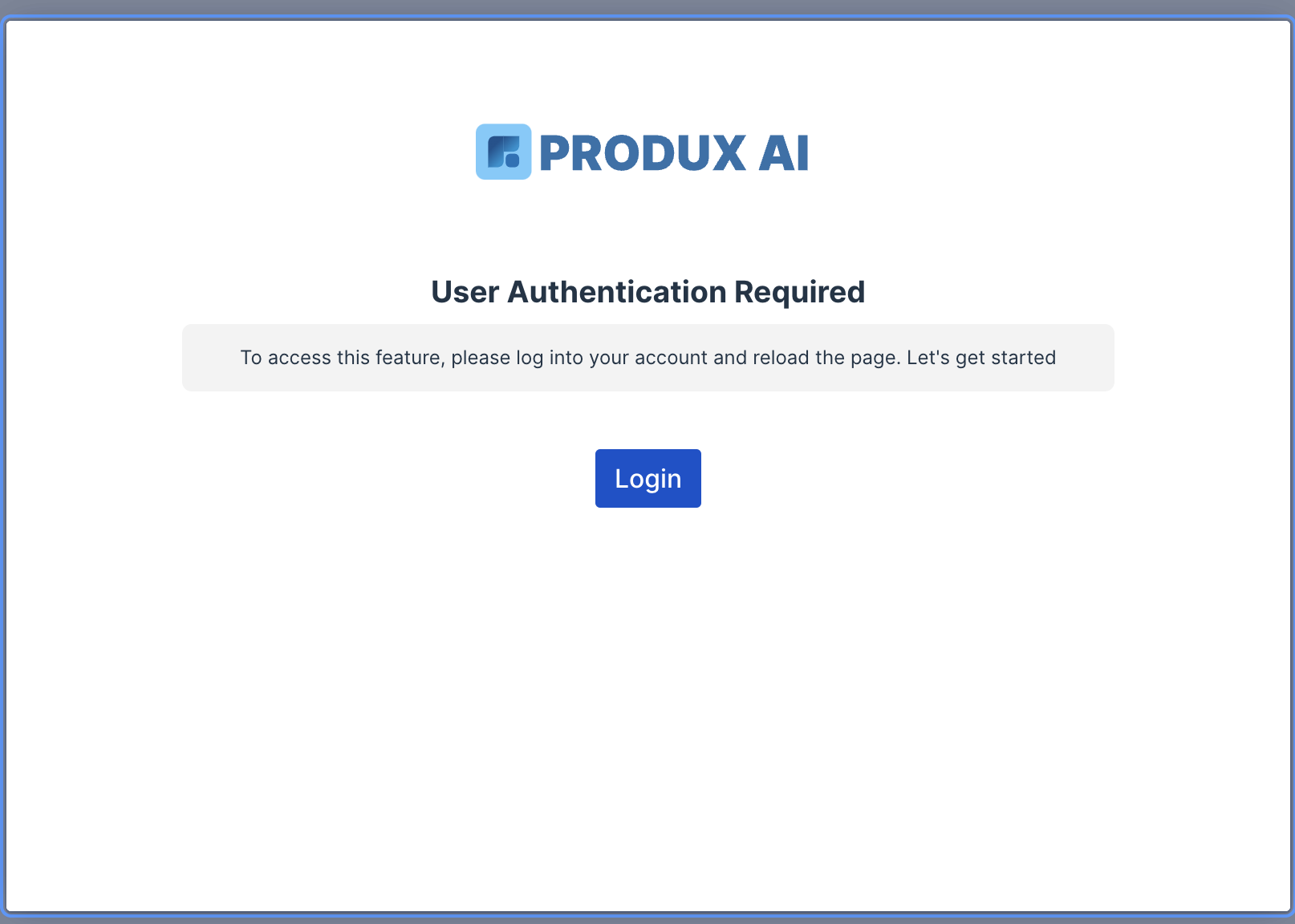 The screenshot depicts the Confluence app's user-friendly prompt, guiding users to log into Produx web app for seamless authentication and a smooth, uninterrupted workflow.