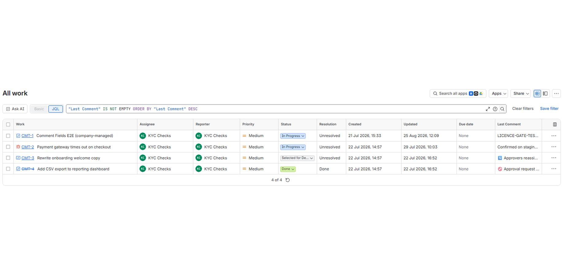 A JQL search ordered by Last Comment, showing comment previews across multiple issues at once.