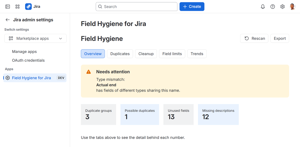 One page shows every count at a glance — duplicate groups, possible duplicates, unused fields, and missing descriptions.