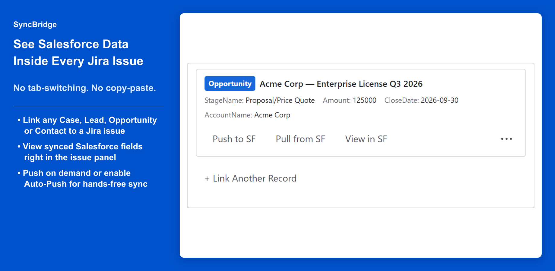 The Salesforce panel on a Jira work item shows the linked Case record with Status, Priority, Owner, and custom field values. A Push button lets the user sync changes to Salesforce on demand without leaving Jira.