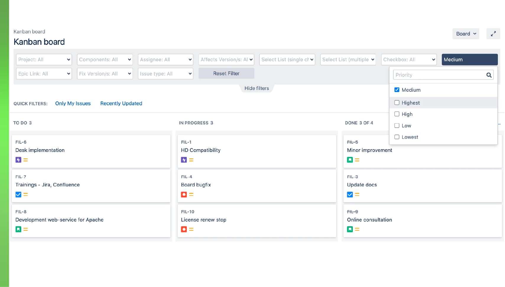 Select as many Jira values in the dropdown list as you need: assignee, labels, issue types, status and many others.