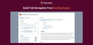 Create a tab navigation from existing Confluence pages. Search and select pages and arrange them in the desired order.