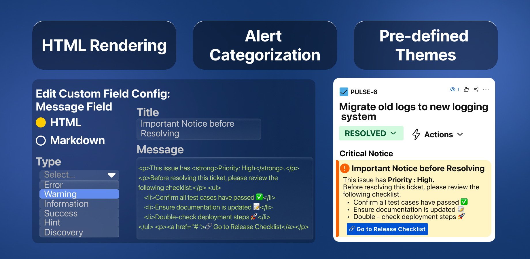Custom field configuration showing HTML input with embedded Jira Expressions, allowing for rich, dynamic content on the issue screen.