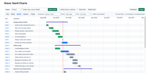 A project's epics and work items on a timeline, colored by status, with Jira's own Start date and Due date. Zoom from days to quarters.