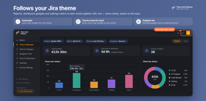 Dark mode is automatic: every report, dashboard gadget and settings page switches with your Jira Cloud theme, and status colours stay readable in both. Nothing to configure.