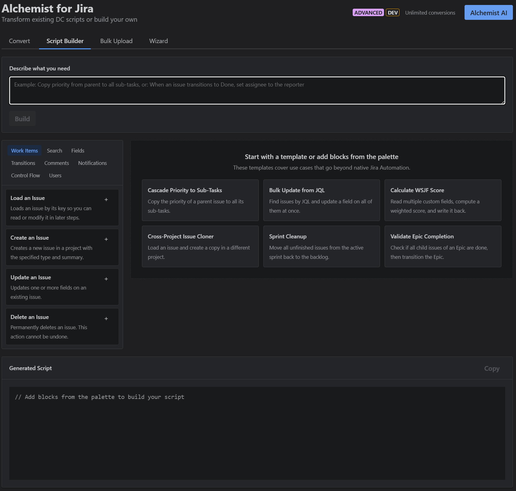 Alchemist's guided builder composing a HAPI script from a plain-English goal, with the pattern pick and a deploy-ready preview.