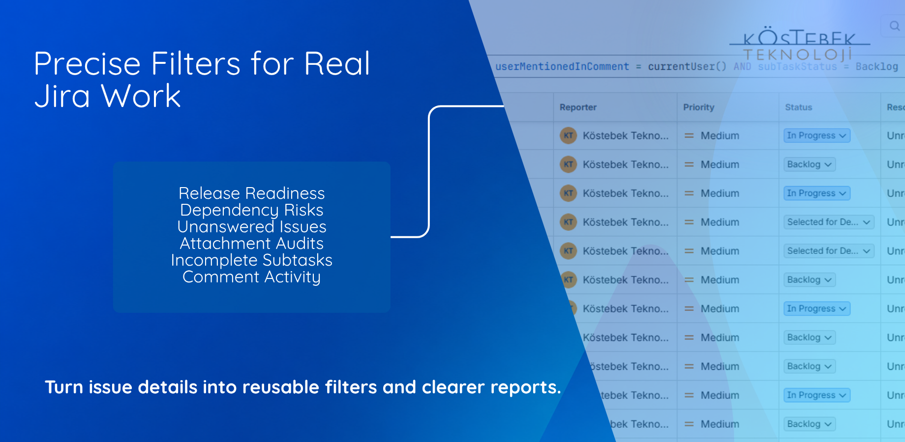 Enhanced JQL filters Jira work by comment activity, subtasks, attachments, dependencies, and versions for clearer reporting and faster decisions.