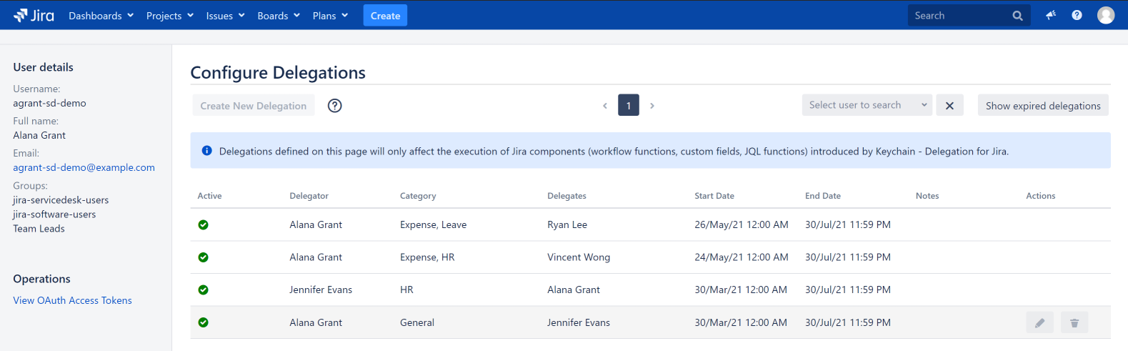 Users define their own delegates in a categorized and time-boxed way. Delegations are automatically activated & deactivated in the defined time box. Different permission categories can be delegated to different users.