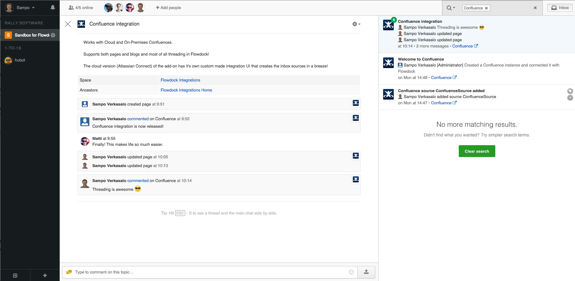 View of Flowdock with Confluence integration