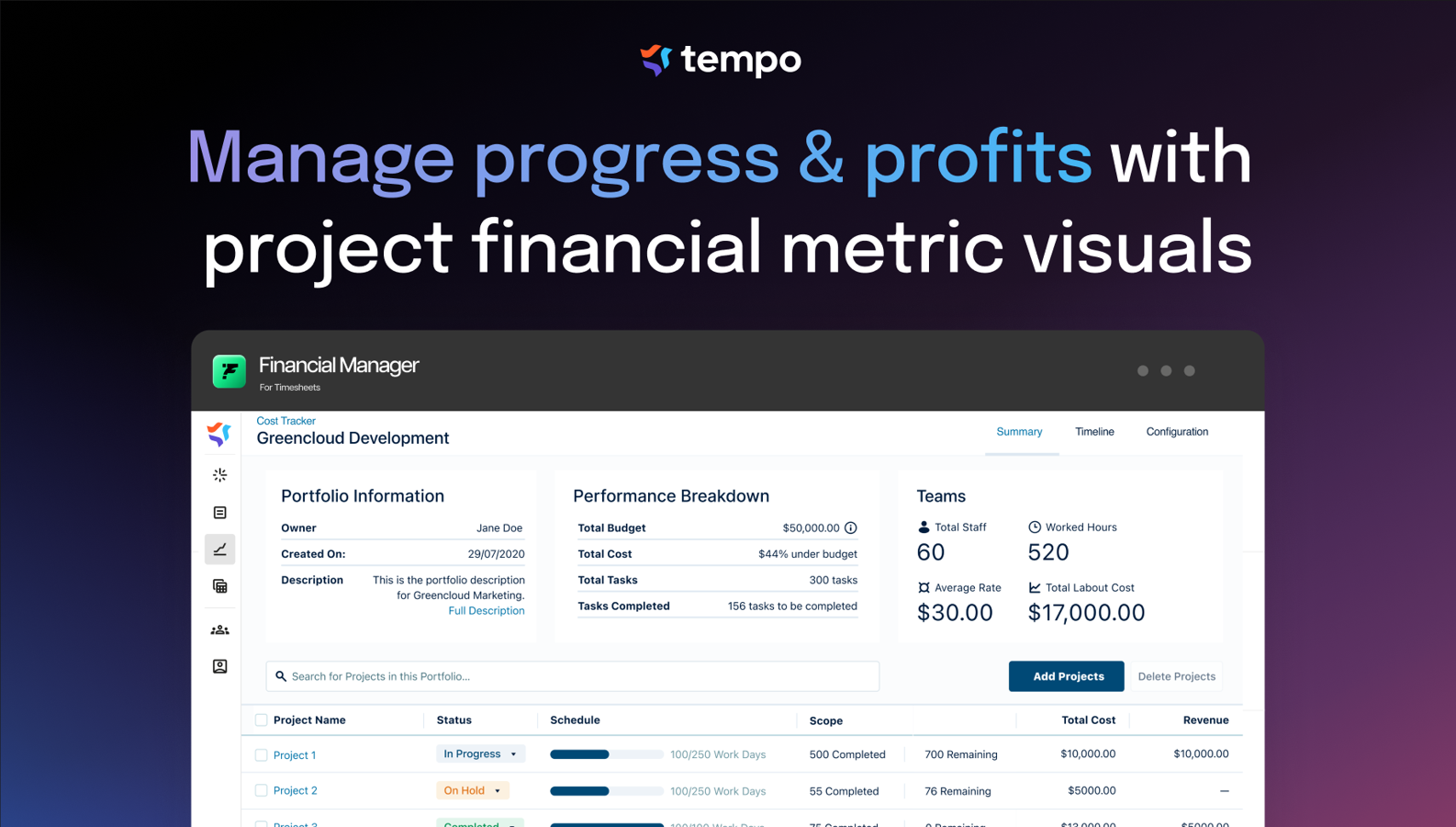 Rely on the Project Overview page to see remaining budget, visualize how labor costs and expenses are tracking against budget milestones, spot-check team performance, confirm the progress of metrics against defined KPIs.
