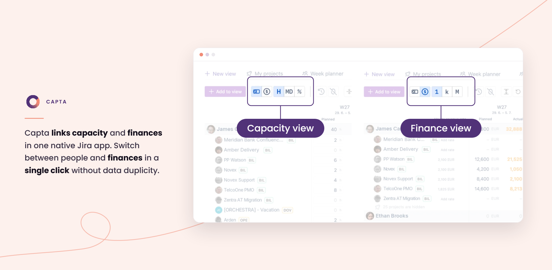 Capta screenshot: people and finances, finally connected. Capta links capacity and finances in one native Jira app; switch between people and finances in a single click without data duplicity.