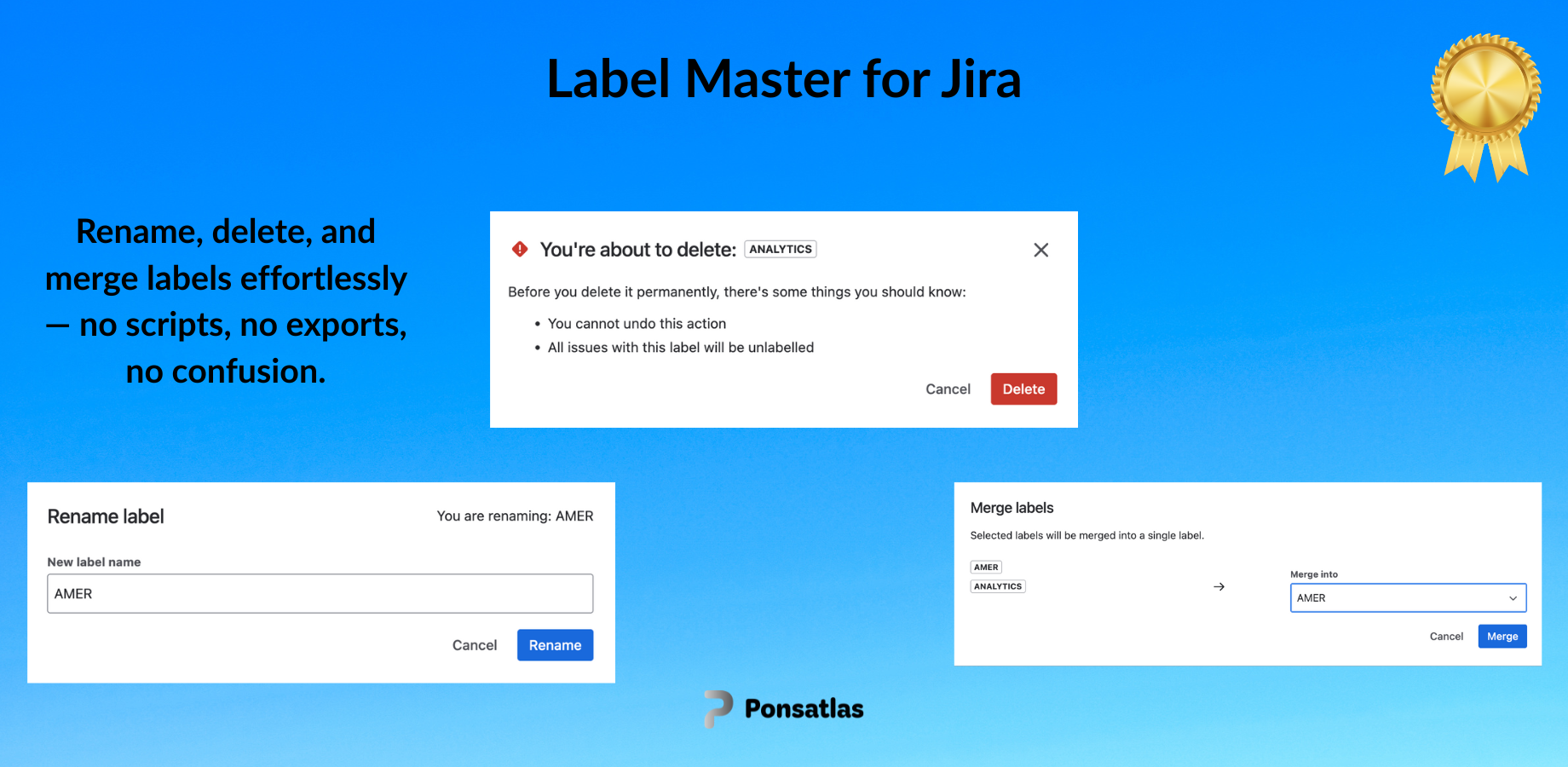 Screenshot showing the label management panel with rename, delete, and merge actions being performed, highlighting an admin’s access control panel.
