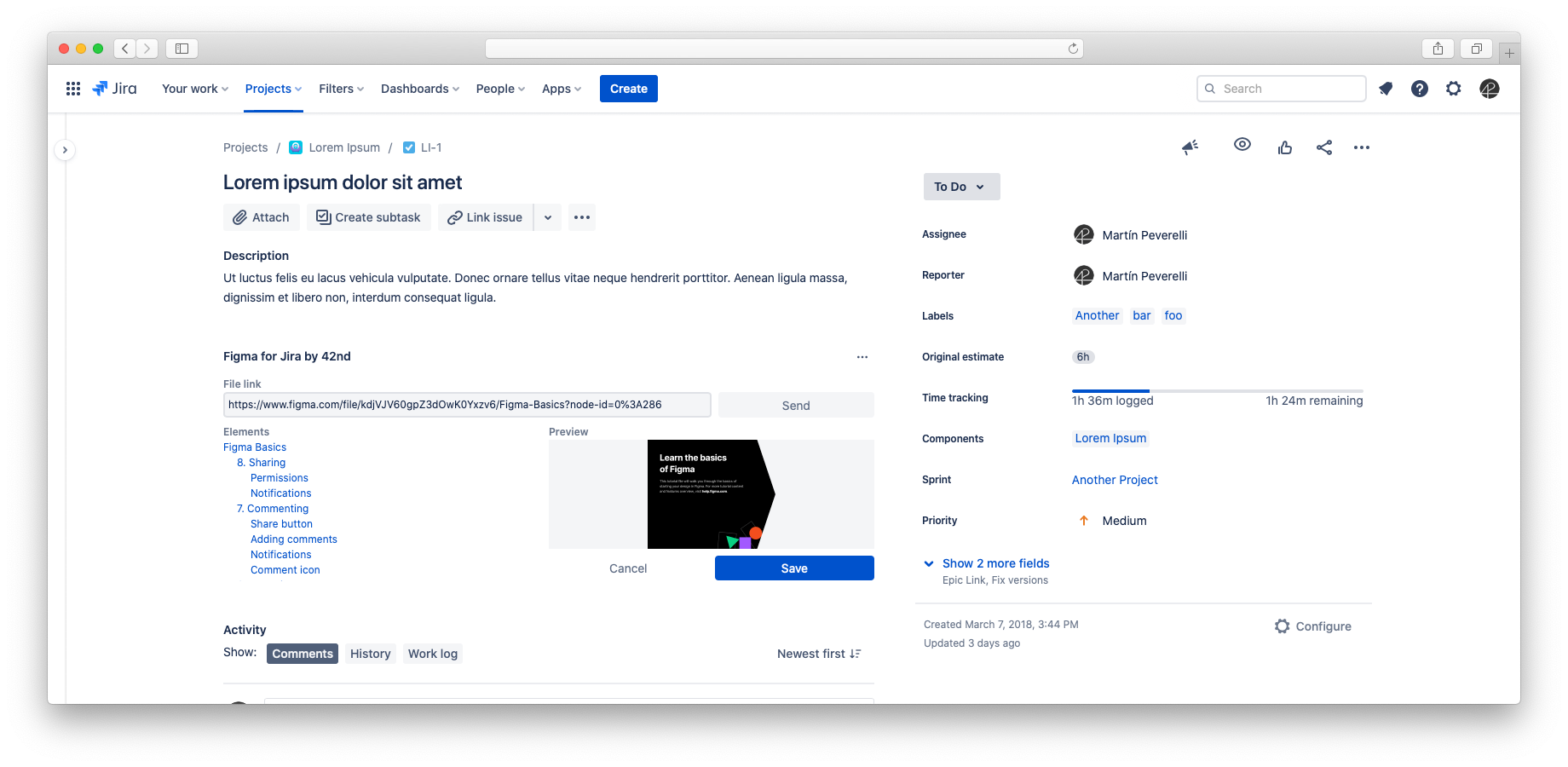 ​By sharing Figma designs, your team is always on the same page. Add the Figma URL, select a Page or Frame, and save it on an Issue so everyone can see how designs are progressing.