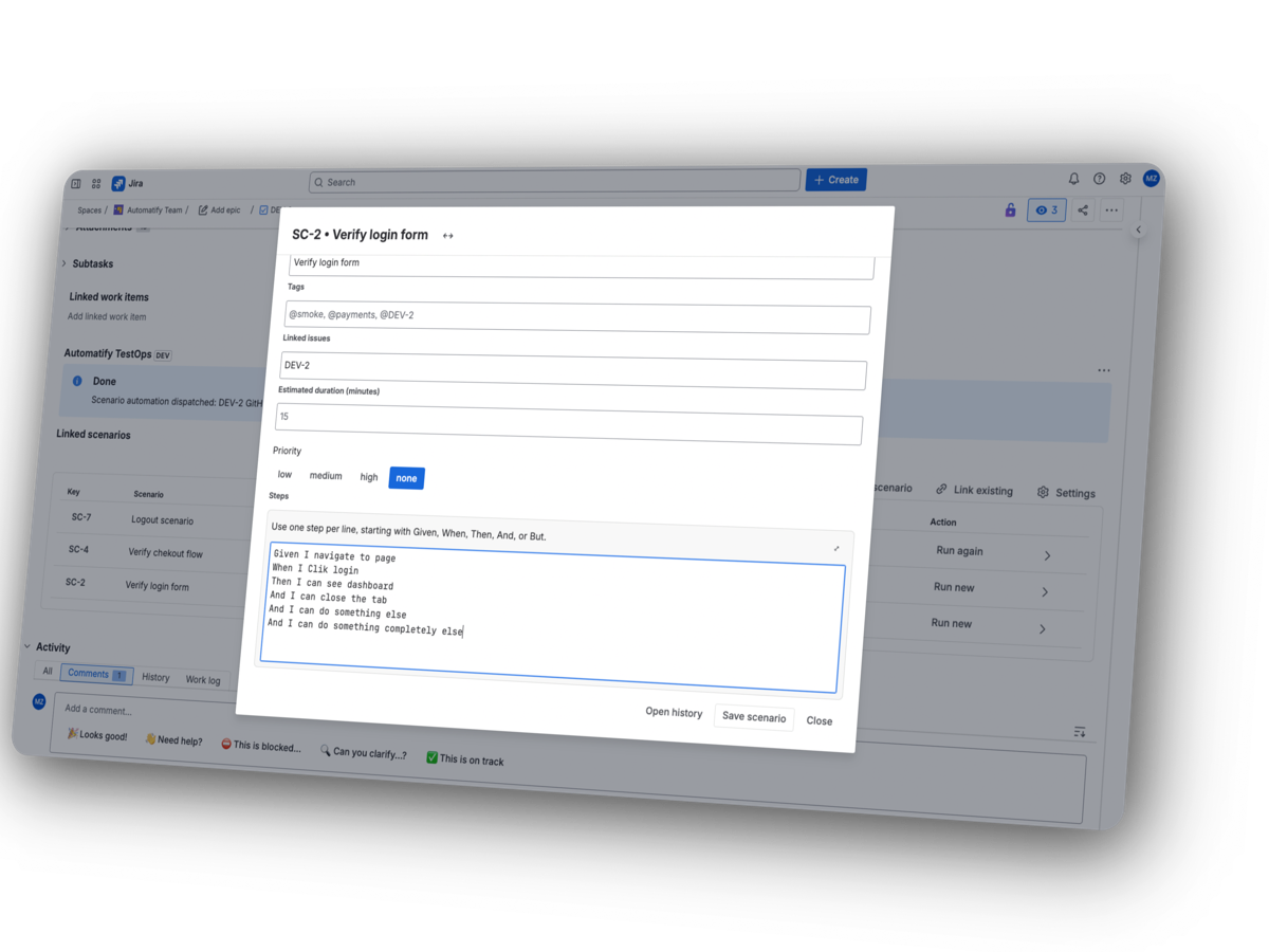 Keep scenarios, automation runs and test evidence connected to the Jira work they validate.