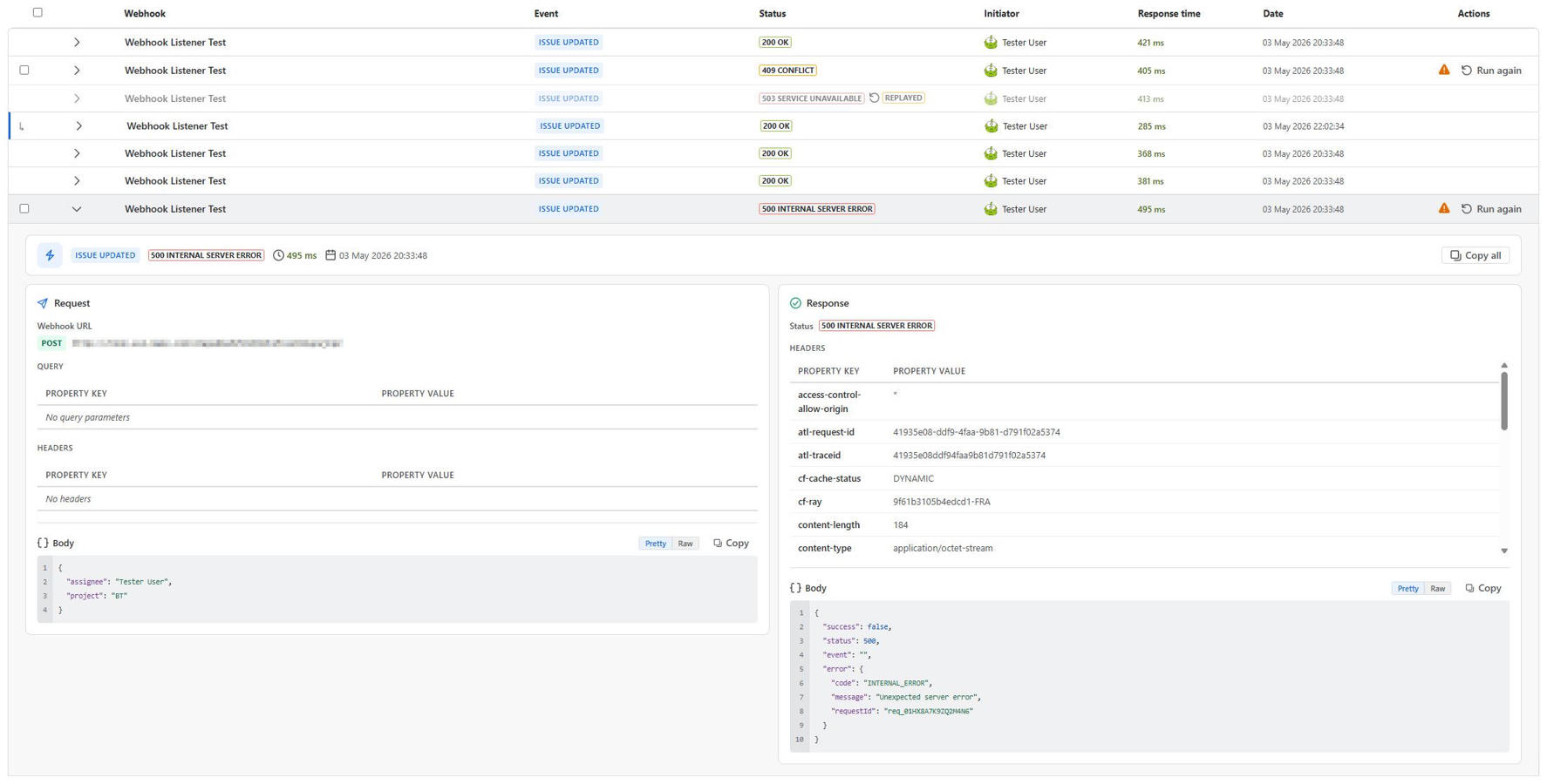The Logs page expanded on a 500 Internal Server Error delivery, showing the full request that was sent, the response the receiver returned, and a Run again button to retry that exact delivery.