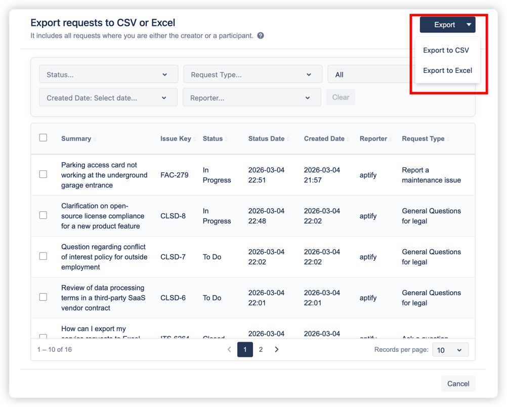 The Export dropdown menu showing "Export to CSV" and "Export to Excel" options. Download your filtered or selected requests instantly