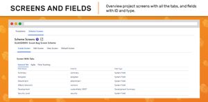 List all the fields from the screens coming from the screen scheme with field ID.