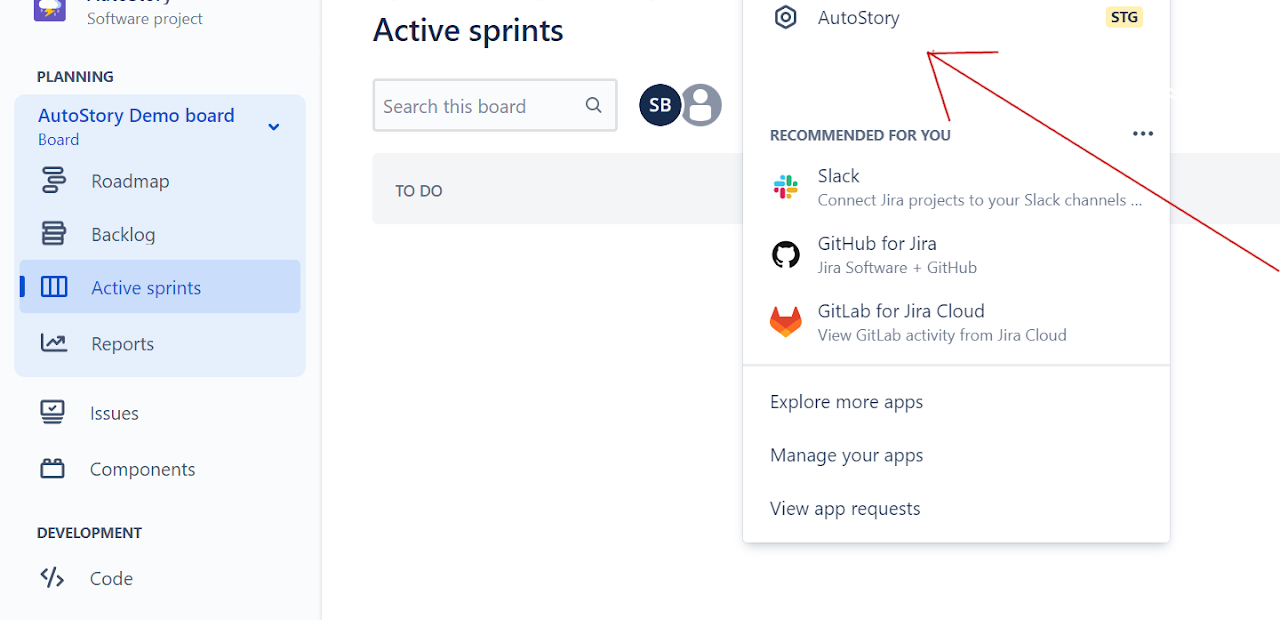 Once logged into Jira, find the Apps menu on the top ribbon bar. Click Apps, and select AutoStory.
