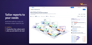 A custom report on Jira work orders: see where work piles up, click a station to see its orders, and get the moves that clear the bottleneck. Build yours with AI, or ask us to build it.
