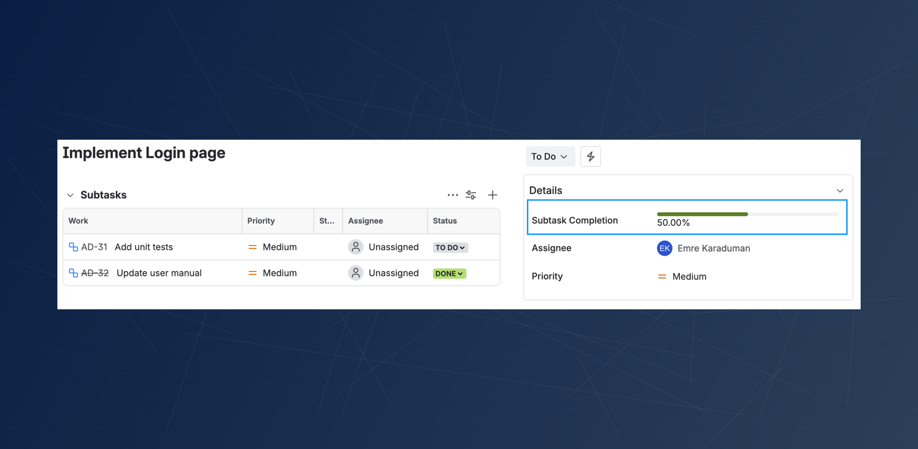 "Subtask Completion" field on the issue screen, showing a dynamic progress bar that calculates the percentage of completed subtasks.