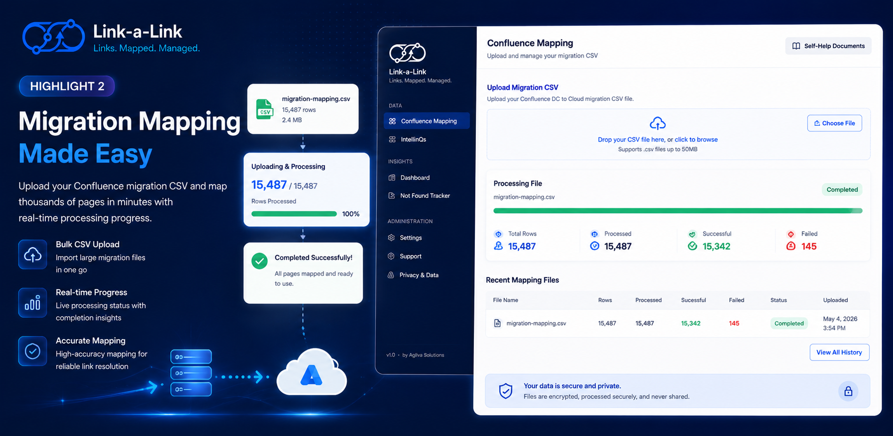 Upload migration CSV files and process thousands of mappings with real-time progress tracking.