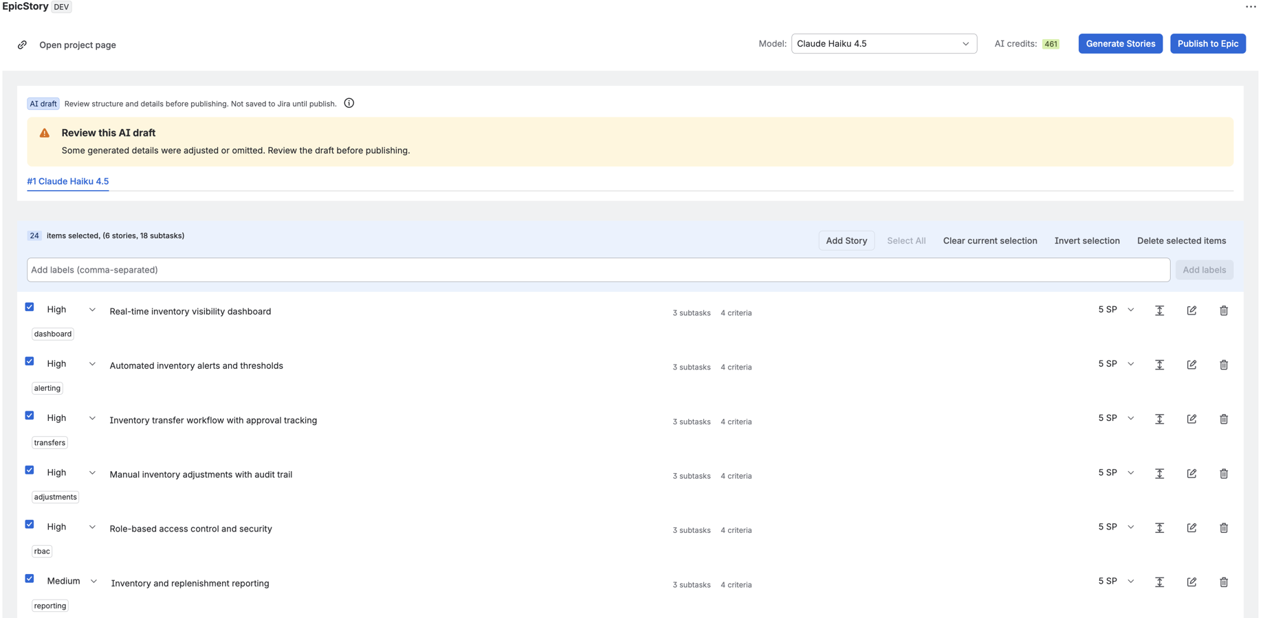Epic-level backlog draft generation inside the Jira issue panel
