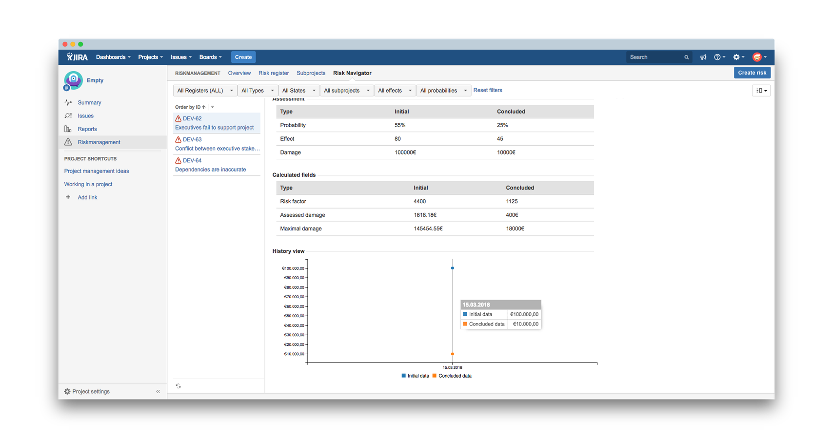 Risk detail view in Jira