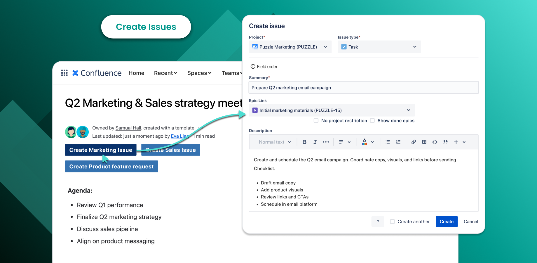 Create Jira issues right where your team plans and collaborates. Place customized "Create Issue" buttons in meeting templates, project pages, or anywhere in Confluence. Works in both edit and live mode.