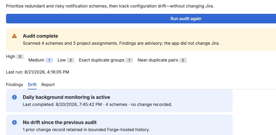 Drift tab showing an active daily Forge scan and bounded prior change history.