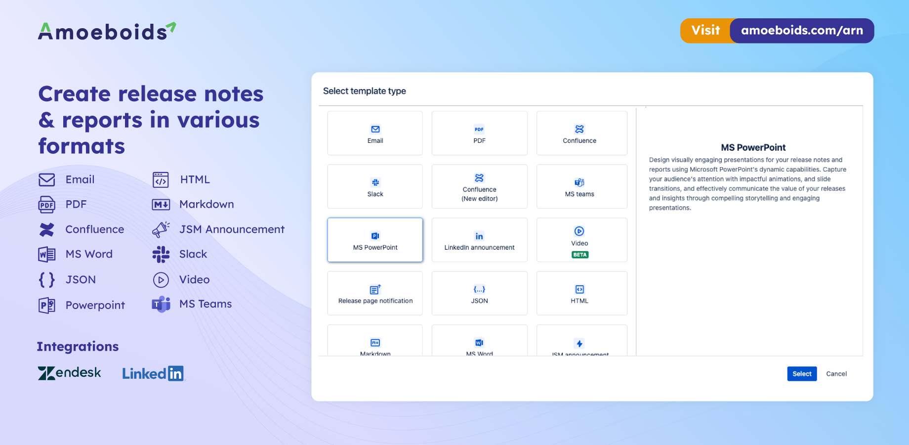 Choose from 15+ formats including Email, PDF, PPT, Slack, LinkedIn & more to publish your release notes & reports - automatically, beautifully, and at scale.