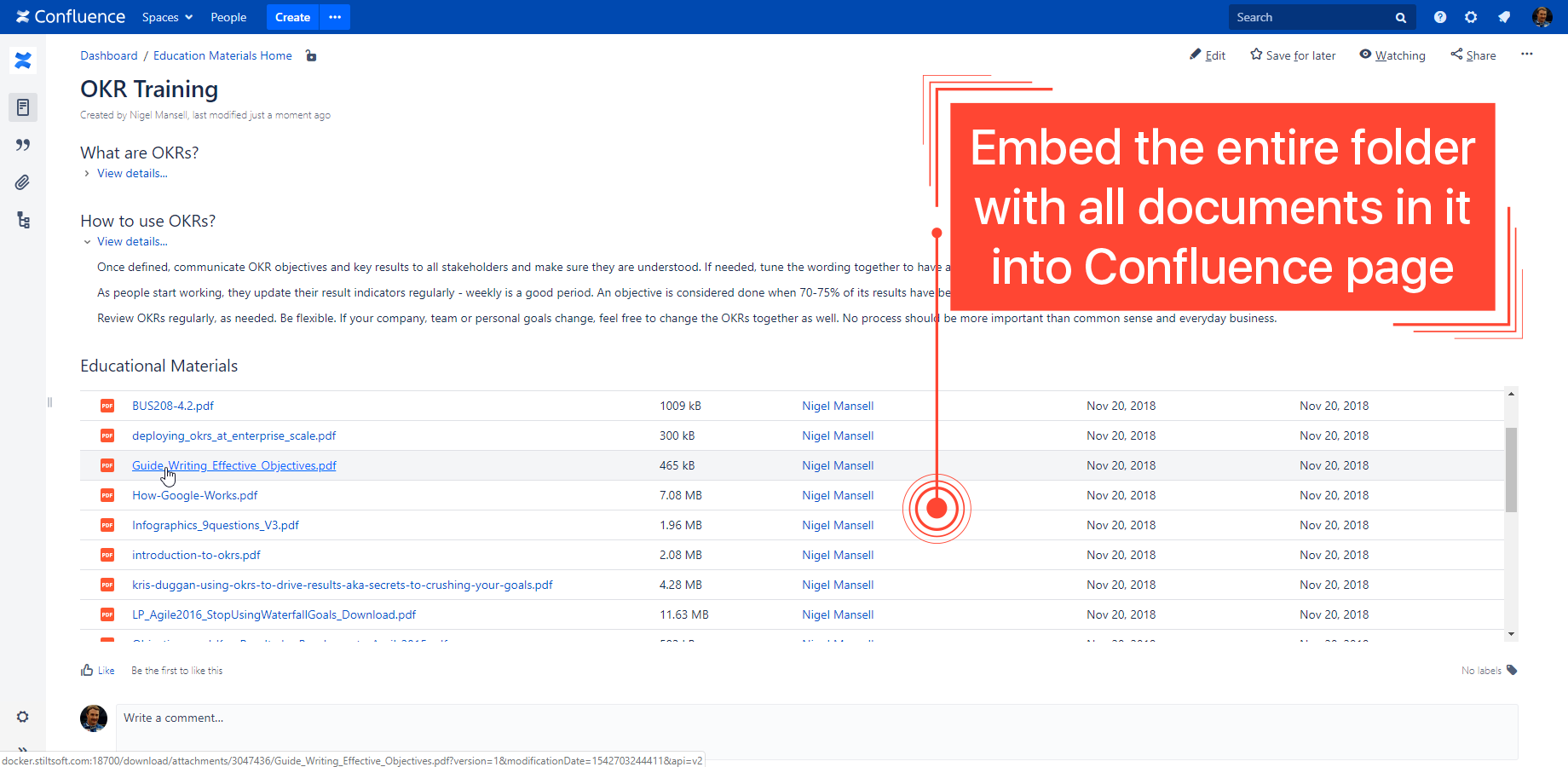 Keep project documents in the space storage but show them in the page context, so your colleagues can quickly review them and leave their comments.