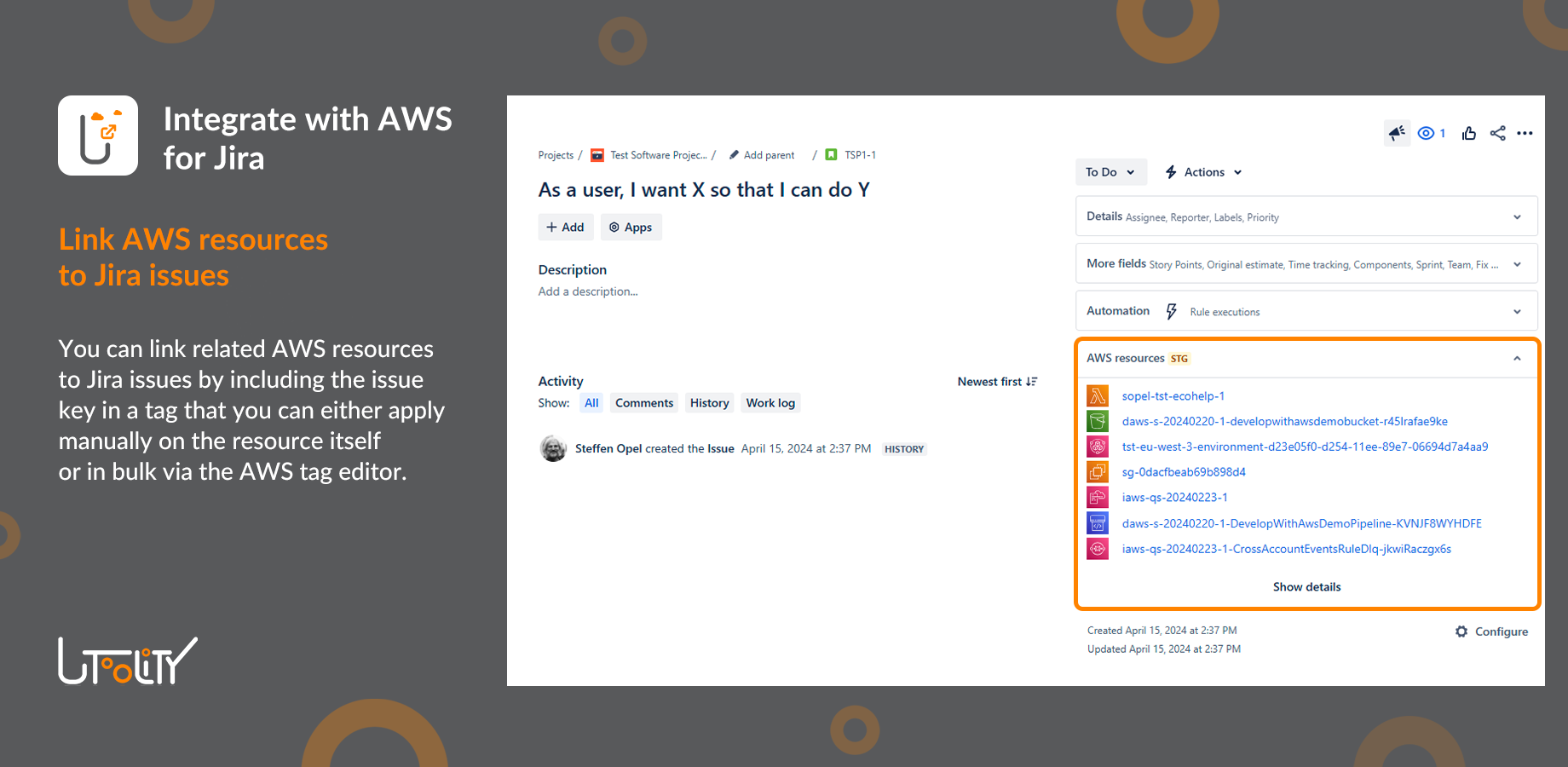 Jira issue sidebar with 'AWS resources' panel