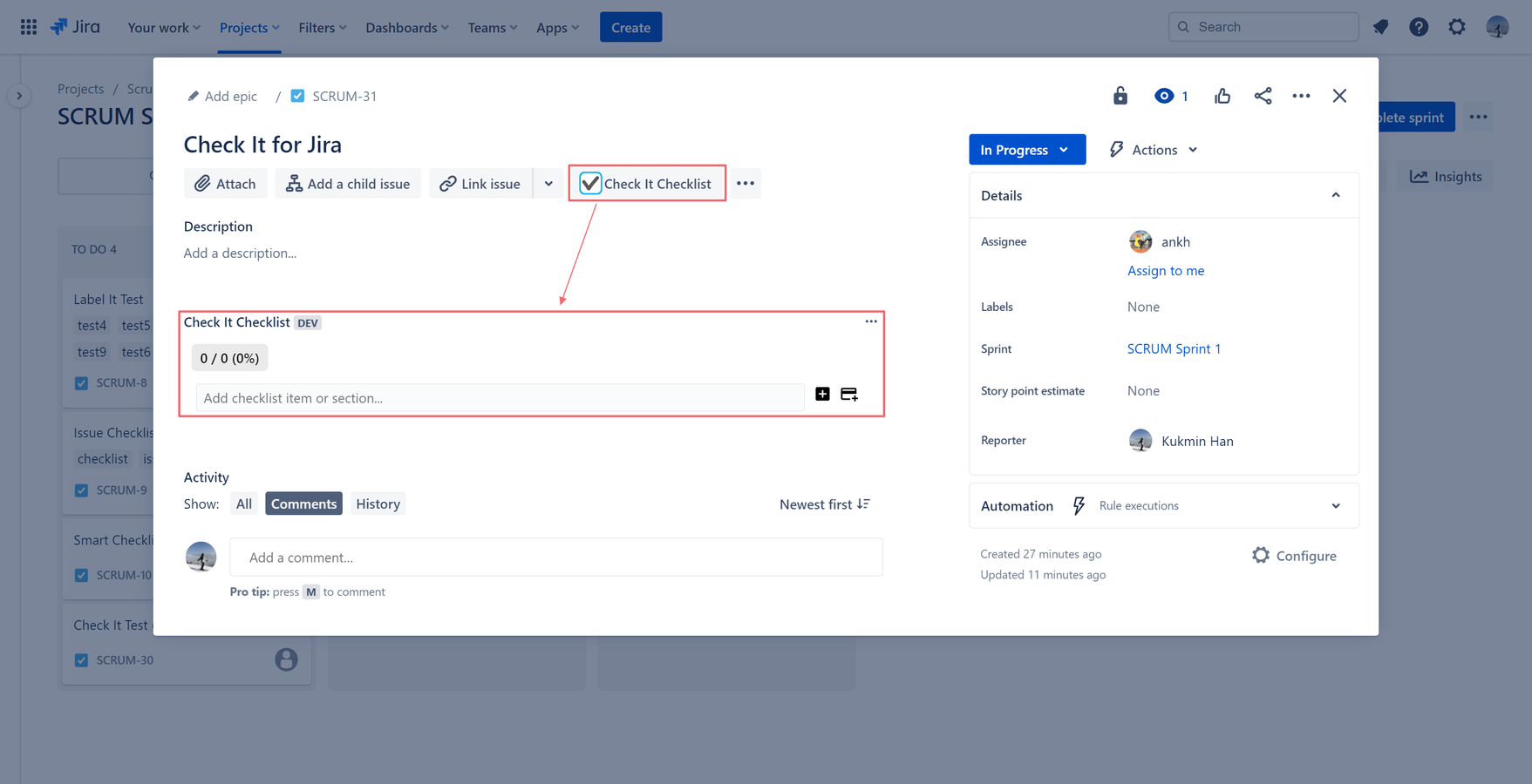 Enable the checklist in the Issue Panel